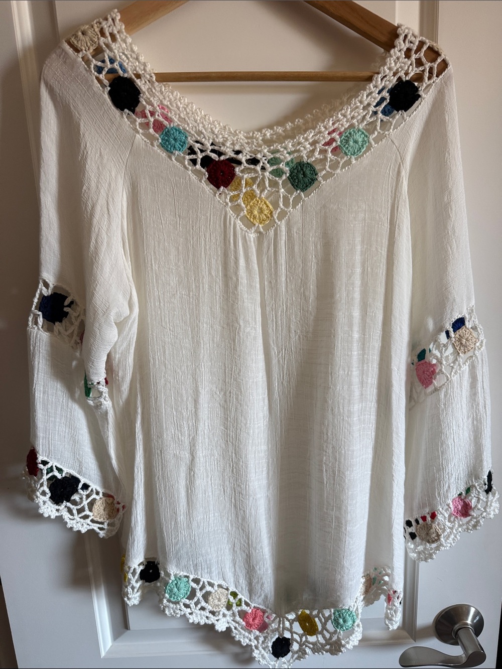 White Crochet-Trim Top with Multicolor Accents